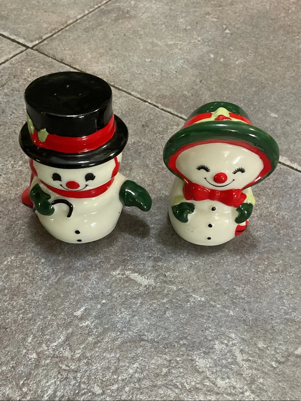 Hallmark Cream, Black, Red and Green Ceramic Snowman Couple Figurines